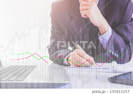 Stock market or forex trading graph and candlestick chart suitable for financial investment concept. Economy trends background for business idea and all art work design. Abstract finance background. Stock market or forex trading graph and candlestick chart suitable for financial investment concept. Economy trends background for business idea and all art work design. Abstract finance background. 135811257