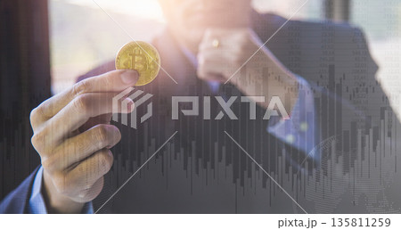 Modern way of exchange. Bitcoin is convenient payment in global economy market. Virtual digital currency and financial investment trade concept. Abstract cryptocurrency with gold bitcoin background. Modern way of exchange. Bitcoin is convenient payment in global economy market. Virtual digital currency and financial investment trade concept. Abstract cryptocurrency with gold bitcoin background. 135811259