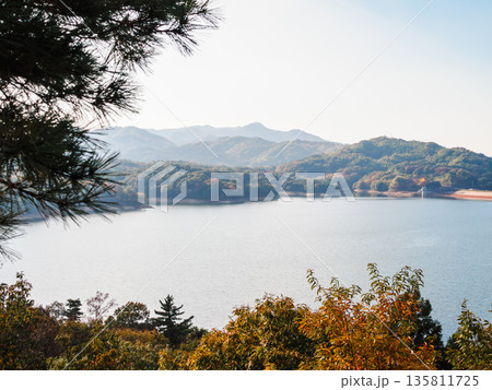 香川県のまんのう池 里山に囲まれた日本最大級のため池風景 香川県のまんのう池 里山に囲まれた日本最大級のため池風景 135811725