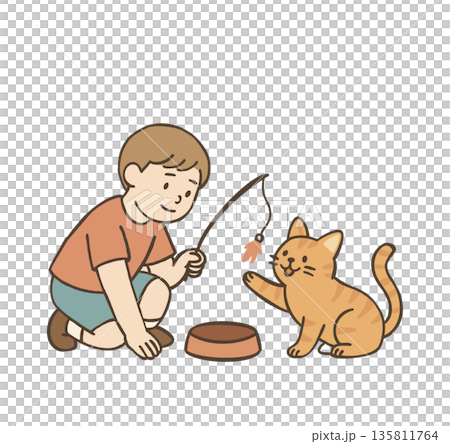 Boy playing with orange cat 135811764