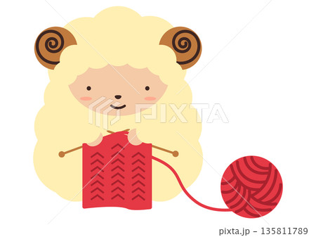 編み物をしているかわいい羊のイラスト素材 135811789