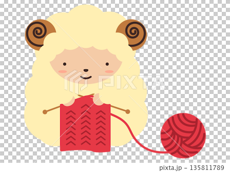 編み物をしているかわいい羊のイラスト素材 135811789