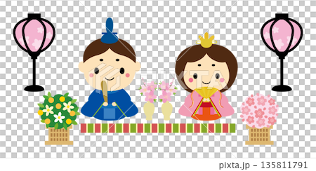 ひな祭り かわいいお雛様とぼんぼりと花飾りのイラスト 135811791