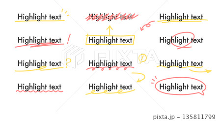 手描き・落書き風の下線と強調線　アンダーラインと矢印のあしらいセット　アウトライン前・線幅の編集可能 135811799