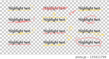 手描き・落書き風の下線と強調線　アンダーラインと矢印のあしらいセット　アウトライン前・線幅の編集可能 135811799