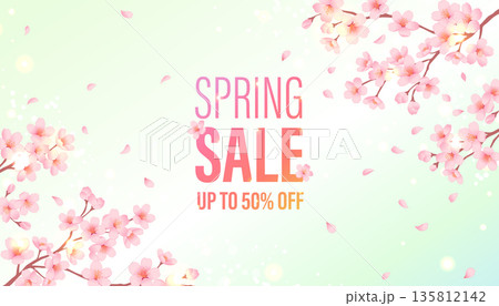 桜の春セールバナー SPRING SALE 50%OFFの文字入り広告デザイン 桜の春セールバナー SPRING SALE 50%OFFの文字入り広告デザイン 135812142