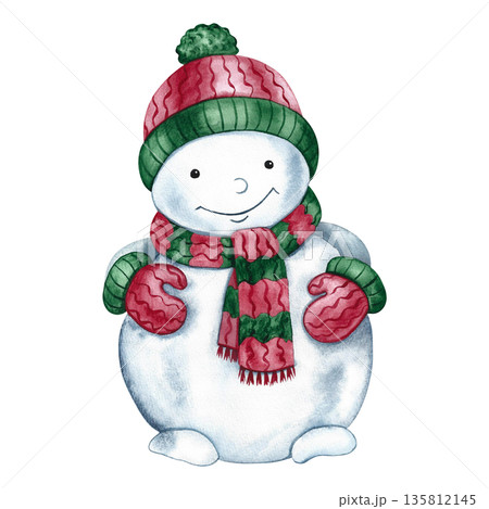 Christmas snowman. Hand-drawn watercolor illustration. Color image isolate. Cute snowman wearing a warm hat, scarf, and mittens. Perfect for postcards, posters, banners, packaging, and more. Christmas snowman. Hand-drawn watercolor illustration. Color image isolate. Cute snowman wearing a warm hat, scarf, and mittens. Perfect for postcards, posters, banners, packaging, and more. 135812145