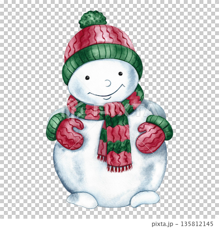 Christmas snowman. Hand-drawn watercolor illustration. Color image isolate. Cute snowman wearing a warm hat, scarf, and mittens. Perfect for postcards, posters, banners, packaging, and more. Christmas snowman. Hand-drawn watercolor illustration. Color image isolate. Cute snowman wearing a warm hat, scarf, and mittens. Perfect for postcards, posters, banners, packaging, and more. 135812145