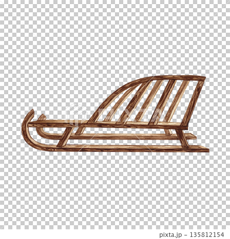 Vintage wooden sled. Hand-drawn watercolor illustration. Winter activities for children. Isolate. Element of your design. Perfect for postcards, posters, banners, packaging, and more. 135812154