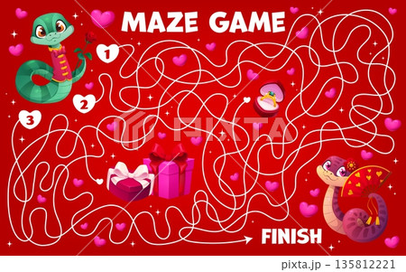 Valentine day labyrinth maze game with funny snakes, surrounded by hearts, gifts,love and romantic symbols on red background. Vector worksheet riddle, playful interactive activity, puzzle for children Valentine day labyrinth maze game with funny snakes, surrounded by hearts, gifts,love and romantic symbols on red background. Vector worksheet riddle, playful interactive activity, puzzle for children 135812221