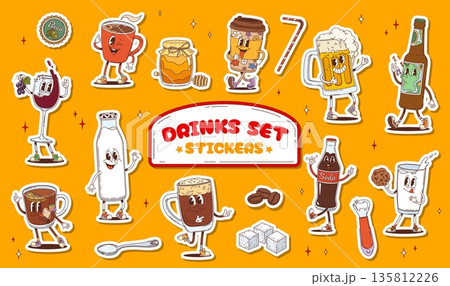 Groovy drink characters stickers of wine, beer mug, milk bottle and glass, soda, sugar cubes, coffee cup and honey jar. Cartoon soda, straw and bottle opener, Vector beverage themed retro personages 135812226