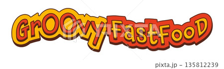 Cartoon groovy retro fastfood lettering with hippie y2k warped playful shape and vibrant colors. Funky vector fast food typography with bright outlines, comic energy and fun nostalgic old school vibe 135812239