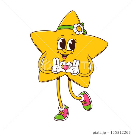 Groovy star character with a flower on its head, colorful sneakers, and making a heart gesture. 1970s psychedelic vector mascot for birthday party, retro celebrations, or funky cheerful personage 135812265