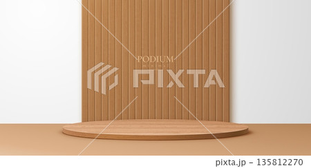 3d realistic wooden podium stage stand with vertical wood panel wall backdrop for product presentation, exhibition stand or cosmetic branding mockup interior. Vector wooden podium with rustic texture 3d realistic wooden podium stage stand with vertical wood panel wall backdrop for product presentation, exhibition stand or cosmetic branding mockup interior. Vector wooden podium with rustic texture 135812270