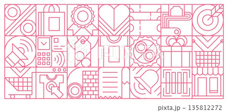 Retail and sale geometric pattern with abstract shopping carts, bags, percent sign, badge, wallet with money. Vector outline pattern with target, smartphone, tag, shirt, gift, basket, list Retail and sale geometric pattern with abstract shopping carts, bags, percent sign, badge, wallet with money. Vector outline pattern with target, smartphone, tag, shirt, gift, basket, list 135812272
