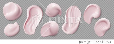 Pink foundation cream swatch, skincare cosmetic drops. Realistic 3d vector set of serum or lotion smears shapes and textures. Smooth, glossy strokes for beauty product presentations, skincare ads Pink foundation cream swatch, skincare cosmetic drops. Realistic 3d vector set of serum or lotion smears shapes and textures. Smooth, glossy strokes for beauty product presentations, skincare ads 135812293