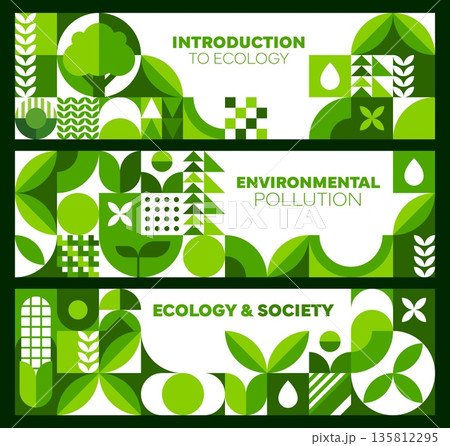 Environment ecology banners with geometric Bauhaus pattern. Nature saving vector horizontal banners, environment protection flyers. Ecology saving posters with green abstract Bauhaus shapes pattern Environment ecology banners with geometric Bauhaus pattern. Nature saving vector horizontal banners, environment protection flyers. Ecology saving posters with green abstract Bauhaus shapes pattern 135812295
