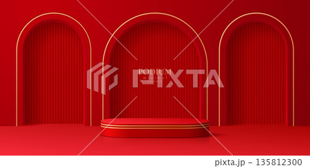 Red cosmetic product podium stand and golden arches, vector 3d background. Modern red pedestal, realistic show room platform or podium stage for product display with gold line frames and arched niches 135812300