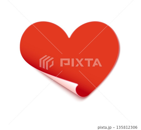 Valentine day celebration paper heart realistic sticker. Love holiday adhesive label, romance heart shape decorative 3d vector card. Romantic day stationery memo note or sticker with folded corner Valentine day celebration paper heart realistic sticker. Love holiday adhesive label, romance heart shape decorative 3d vector card. Romantic day stationery memo note or sticker with folded corner 135812306