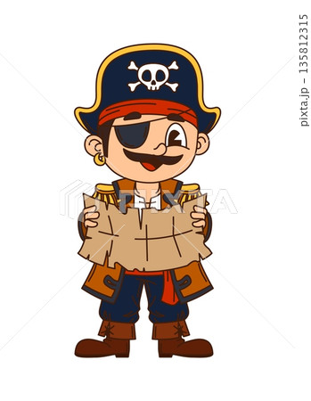 Kid pirate with treasure map cartoon cheerful character. Corsair skipper cheerful character, kid sailor bandit happy isolated vector personage. Child pirate crew boatswain cute mascot in tricorn hat 135812315