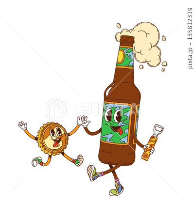 Cartoon groovy hippie beer drink bottle character with foam, smiling face and opener in hand giving high five with a happy cap personage. Vector retro y2k funky and cute beverage with friend on party 135812319