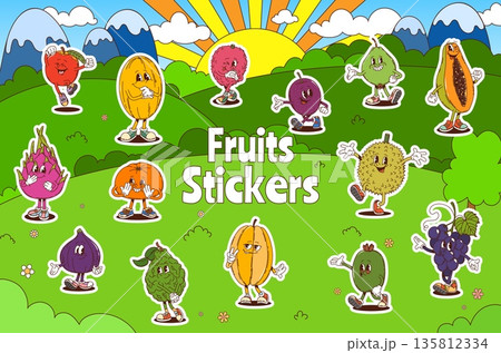 Cartoon groovy fruits character of tropical fruits with funny face,, vector stickers. Happy groovy fruits of papaya and tangerine, funky feijoa, with fig and grape or plum and melon at summer meadow Cartoon groovy fruits character of tropical fruits with funny face,, vector stickers. Happy groovy fruits of papaya and tangerine, funky feijoa, with fig and grape or plum and melon at summer meadow 135812334