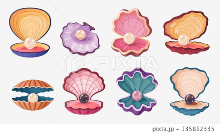 Cartoon scallop pearl shells or seashells open sea oysters with treasure jewelry, vector set. Scallop shells or mother pearl seashells with pearl balls for underwater fairy tale or undersea treasure Cartoon scallop pearl shells or seashells open sea oysters with treasure jewelry, vector set. Scallop shells or mother pearl seashells with pearl balls for underwater fairy tale or undersea treasure 135812335