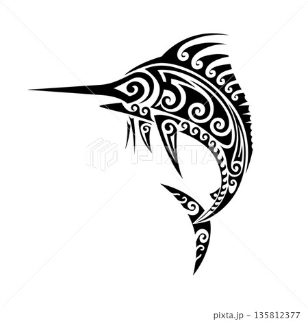 Maori swordfish animal tribal graphic tattoo or print. New Zealand ethnic black print, Samoan tribal folk decoration. Maori tribe graphic tattoo Maori swordfish animal tribal graphic tattoo or print. New Zealand ethnic black print, Samoan tribal folk decoration. Maori tribe graphic tattoo 135812377