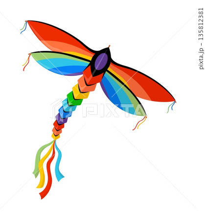 Cartoon paper dragonfly kite with wide rainbow wings, long segmented body, trailing streamers in green, red, blue and yellow. Festival vector paper kite in shape of insect. Toy for kids outdoor fun 135812381