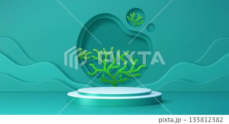 3d podium stage with sea green corals. Vector abstract underwater scene with coral shapes and layered paper cut waves. Realistic marine background in blue and green for product display or presentation 3d podium stage with sea green corals. Vector abstract underwater scene with coral shapes and layered paper cut waves. Realistic marine background in blue and green for product display or presentation 135812382
