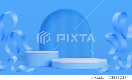 3D blue cosmetics product podium stage with pedestal and ribbons, vector display. Blue podium or pedestal stage with arch in wall background for luxury cosmetic or skincare products showcase 135812384