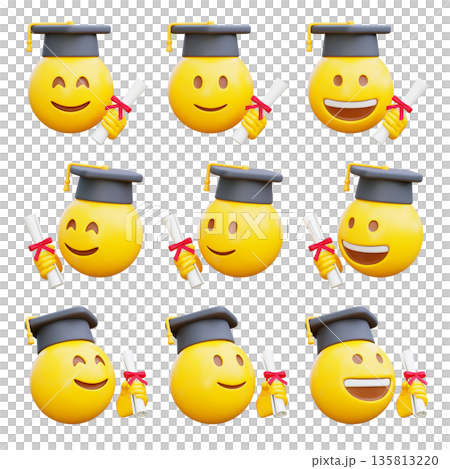 Happy 3D graduation emoji character holding a rolled diploma certificate with red ribbon 135813220