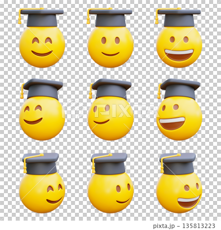 Cute 3D rendered emoji wearing a black graduation cap with golden tassel isolated 135813223