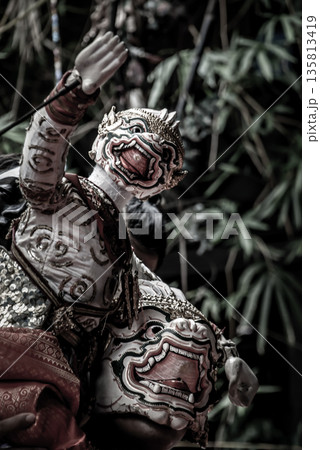 Traditional Puppet of Hanuman in Ramakien or Ramayana Story with thai puppeteers from Ramayana epic story at Baan Silapin (Artist House) in klong bang luang floating market. 135813419