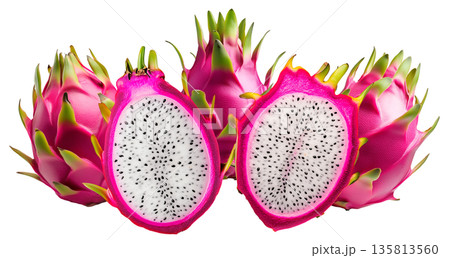 Whole and halved dragon fruits with vibrant pink skin and white flesh with seeds, on white background, concept of tropical food Whole and halved dragon fruits with vibrant pink skin and white flesh with seeds, on white background, concept of tropical food 135813560