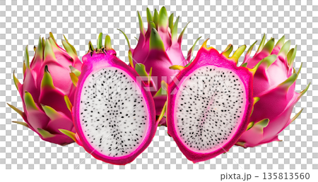 Whole and halved dragon fruits with vibrant pink skin and white flesh with seeds, on white background, concept of tropical food Whole and halved dragon fruits with vibrant pink skin and white flesh with seeds, on white background, concept of tropical food 135813560