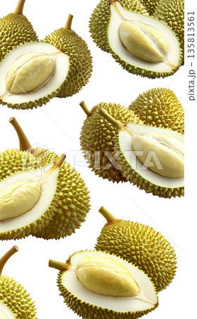 Whole and cut durian fruits arranged in a seamless pattern, isolated on white background. Concept of tropical food and exotic fruit Whole and cut durian fruits arranged in a seamless pattern, isolated on white background. Concept of tropical food and exotic fruit 135813561