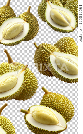 Whole and cut durian fruits arranged in a seamless pattern, isolated on white background. Concept of tropical food and exotic fruit Whole and cut durian fruits arranged in a seamless pattern, isolated on white background. Concept of tropical food and exotic fruit 135813561