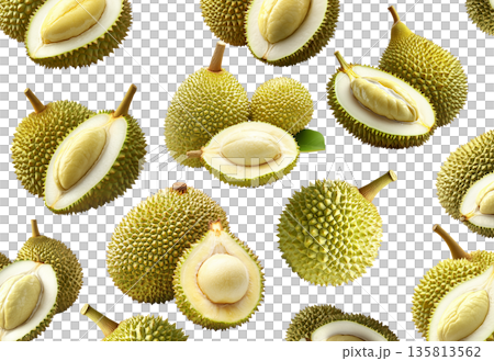 Whole and cut durian fruits arranged in a seamless pattern, isolated on white background. Concept of tropical food and exotic fruit Whole and cut durian fruits arranged in a seamless pattern, isolated on white background. Concept of tropical food and exotic fruit 135813562