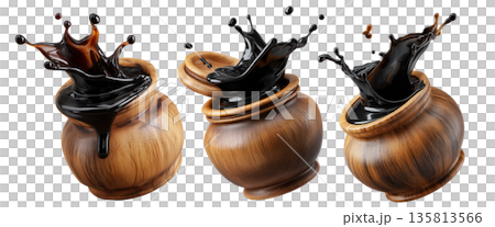 Set of Egyp Molasses black syrup jar splashing from a polished jar, isolated on white background, concept of Arabic Cuisine Set of Egyp Molasses black syrup jar splashing from a polished jar, isolated on white background, concept of Arabic Cuisine 135813566