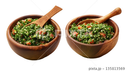 Set of prepared tabbouleh salad with bulgur, parsley, tomato, mint, and cucumber in bowl isolated on white background 135813569