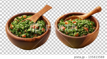 Set of prepared tabbouleh salad with bulgur, parsley, tomato, mint, and cucumber in bowl isolated on white background 135813569