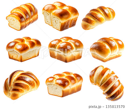 Set of golden-brown brioche loaf, isolated on white transparent background, concept of baked goods 135813570