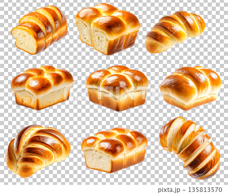 Set of golden-brown brioche loaf, isolated on white transparent background, concept of baked goods 135813570