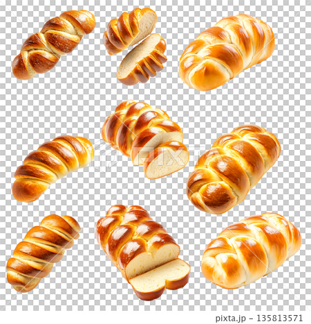 Set of baked braided Challah Jewish bread loaf with a golden crust, isolated on white transparent background Set of baked braided Challah Jewish bread loaf with a golden crust, isolated on white transparent background 135813571