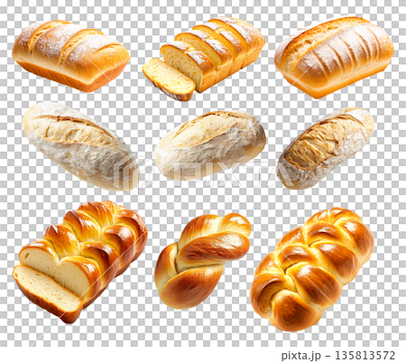 Various types of freshly baked bread loaves and slices shown on white background, rustic and braided styles for bakery concepts Various types of freshly baked bread loaves and slices shown on white background, rustic and braided styles for bakery concepts 135813572