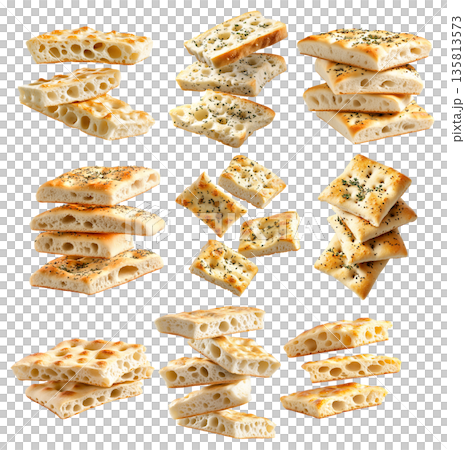 Set of focaccia bread isolated on a white transparent background, Italian bread, flavored with olive oil and herbs. Set of focaccia bread isolated on a white transparent background, Italian bread, flavored with olive oil and herbs. 135813573