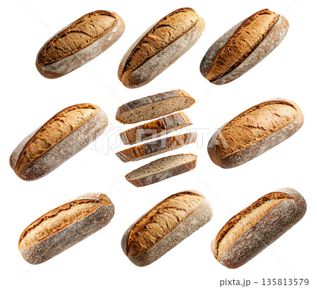 Set of loaf of rye bread isolated on white transparent background, showcasing texture and crust 135813579