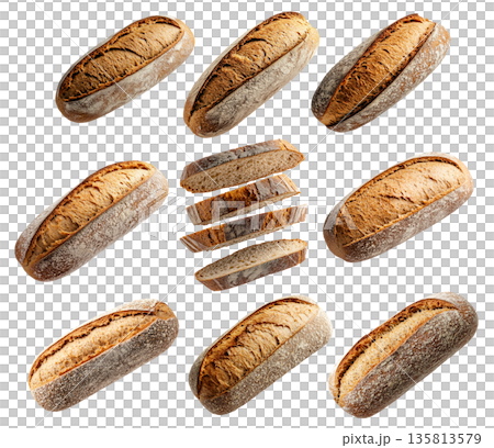 Set of loaf of rye bread isolated on white transparent background, showcasing texture and crust 135813579