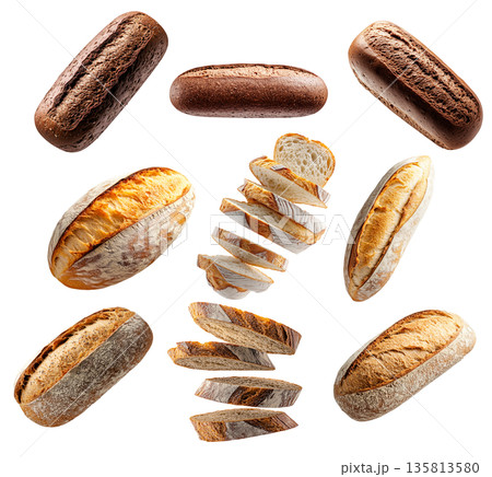 Assortment of different fresh bread loaves and slices on white background. Concept of bakery goods, food variety and freshness Assortment of different fresh bread loaves and slices on white background. Concept of bakery goods, food variety and freshness 135813580